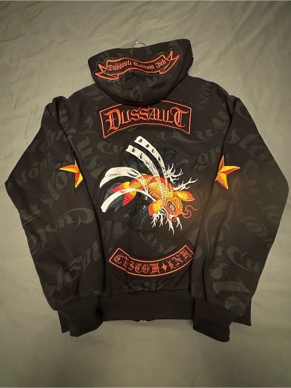 Black Y2K Dussault Hoodie with Red & Orange Embroidered Koi Graphic